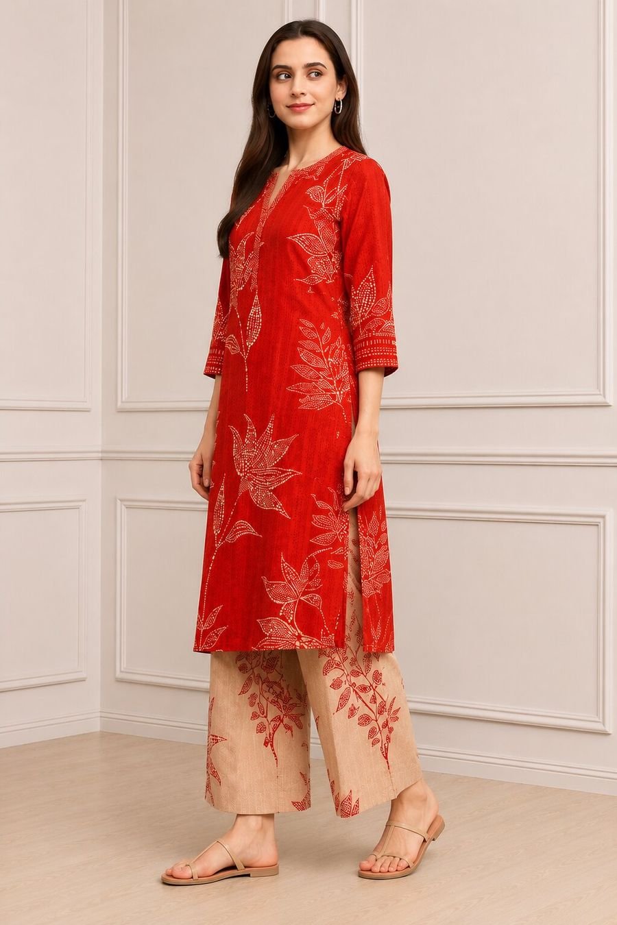 Scarlet Leaf Print Straight Kurta Set — view 4
