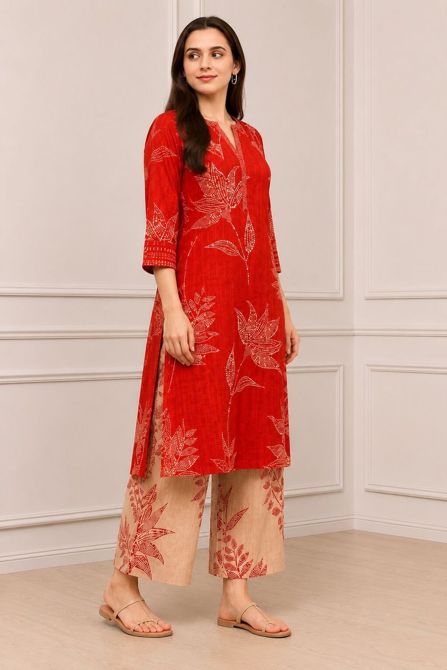 Scarlet Leaf Print Straight Kurta Set — view 5