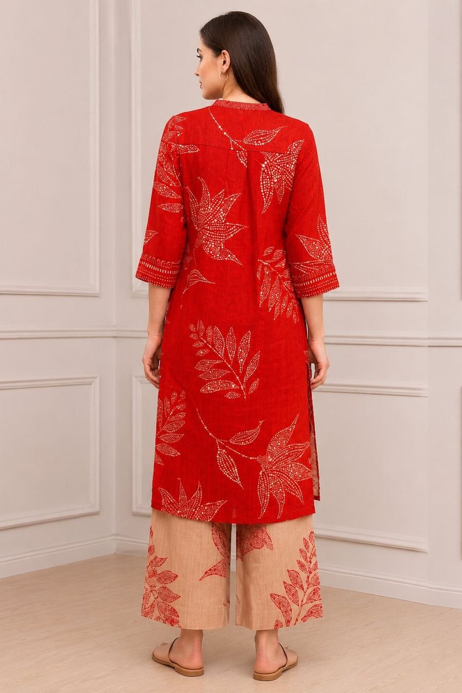 Scarlet Leaf Print Straight Kurta Set — view 6