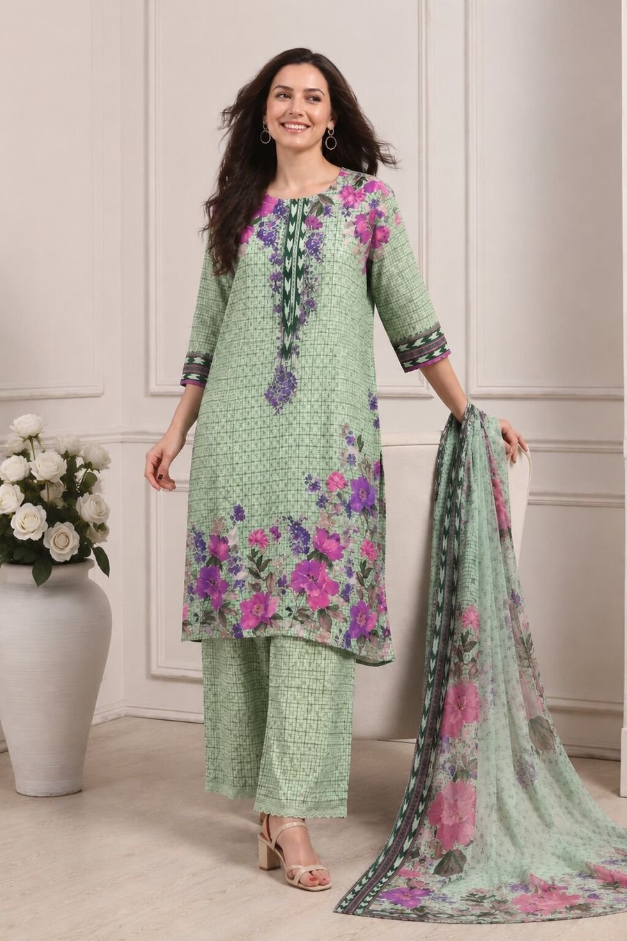 Sage Floral Print Suit Set with Dupatta — view 1