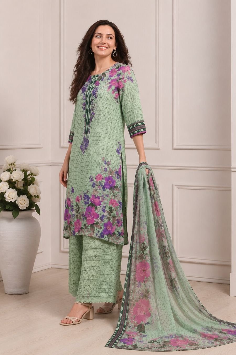 Sage Floral Print Suit Set with Dupatta — view 4