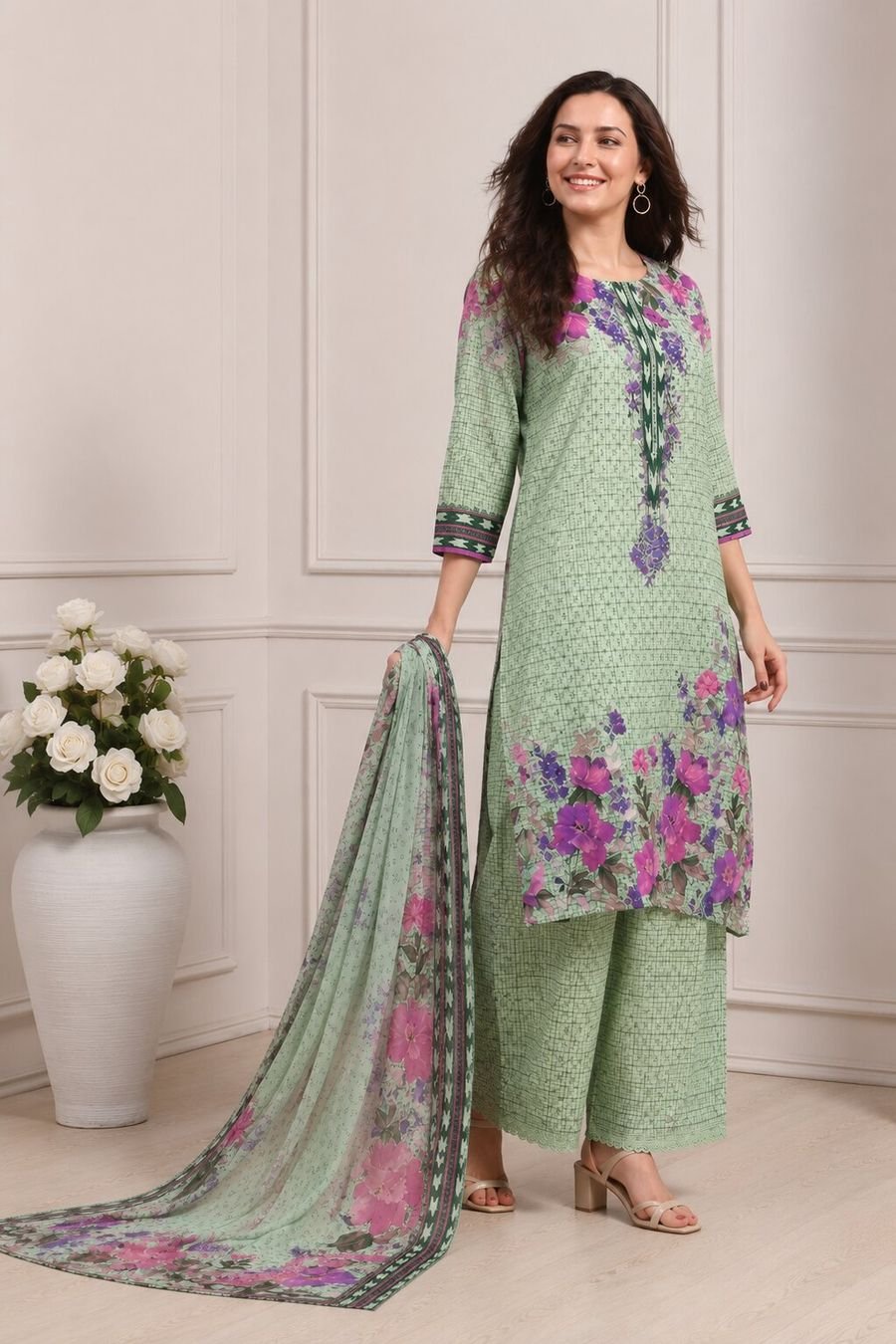 Sage Floral Print Suit Set with Dupatta — view 5