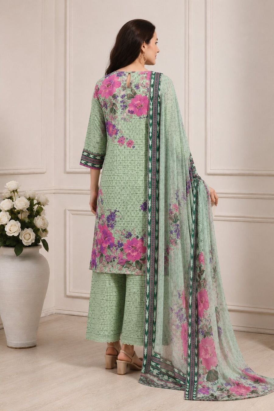 Sage Floral Print Suit Set with Dupatta — view 6