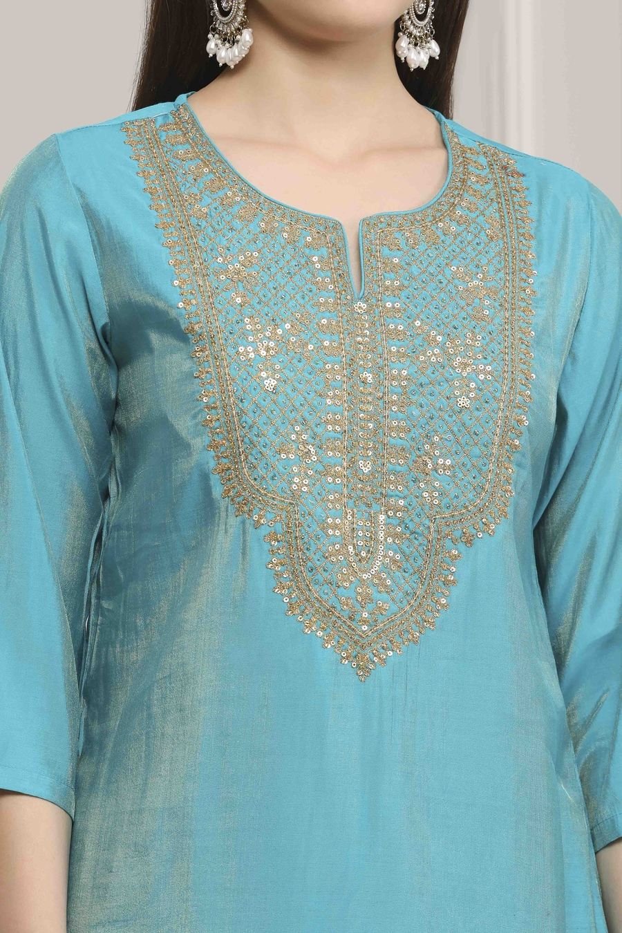 Turquoise Zari Embroidered Suit Set — view 2