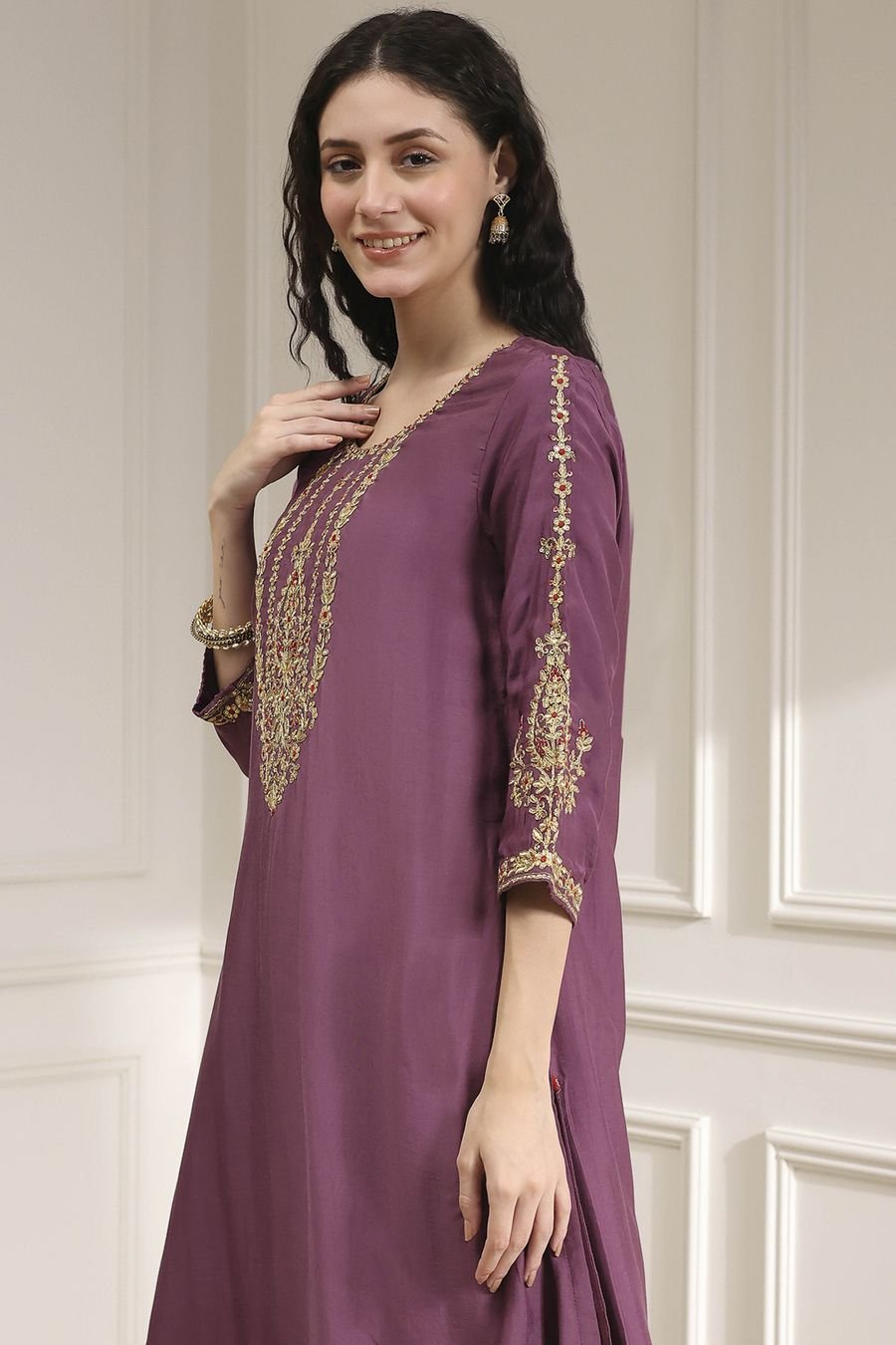 Plum Embroidered Suit Set with Woven Dupatta — view 2
