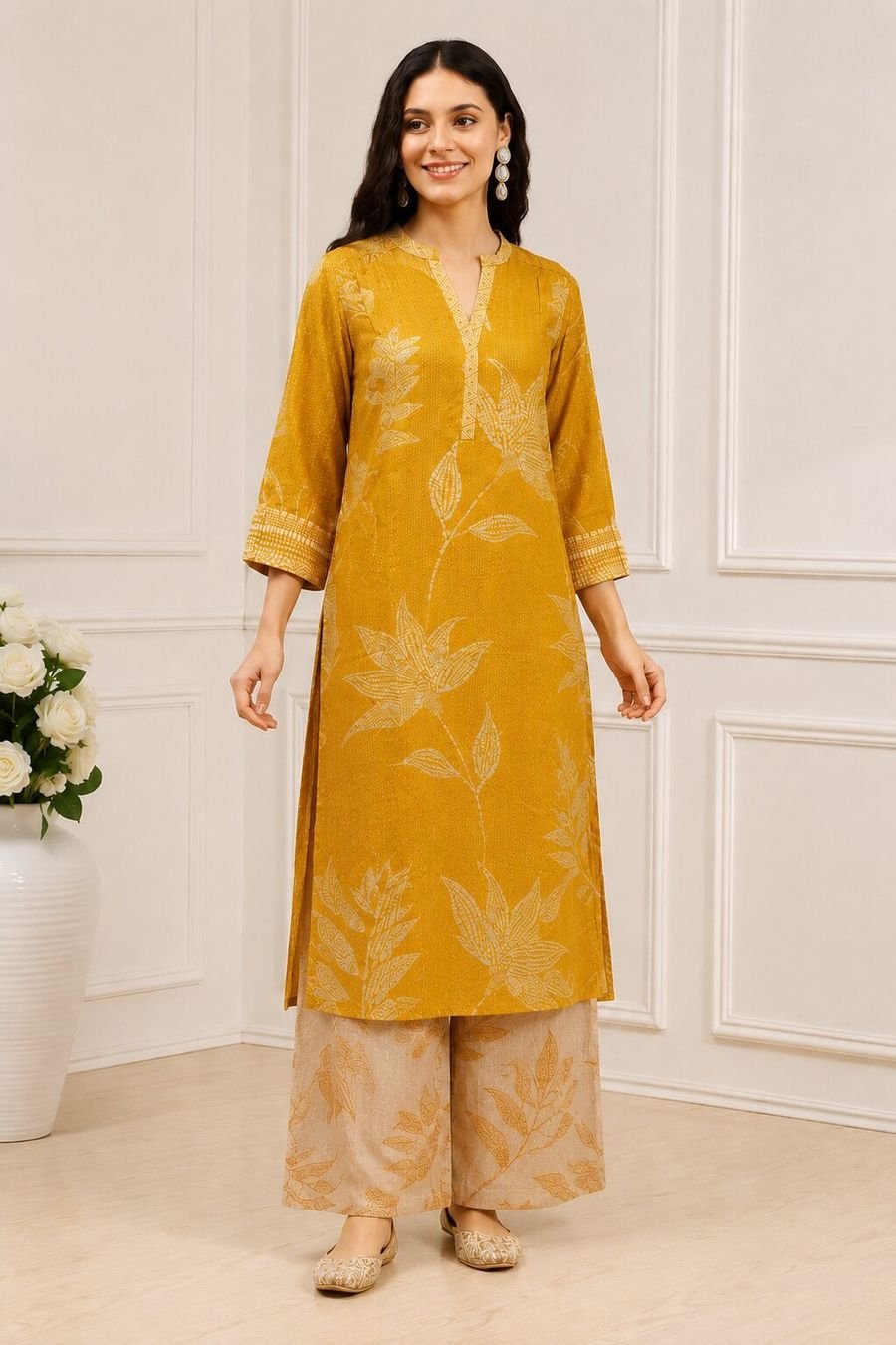 Mustard Leaf Print Straight Kurta Set — view 1