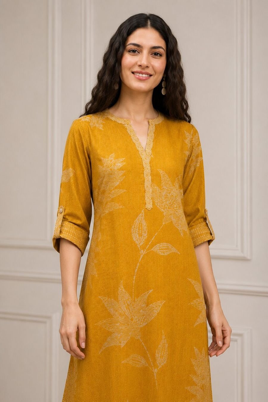Mustard Leaf Print Straight Kurta Set — view 2