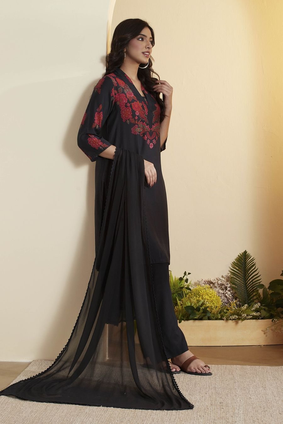 Midnight Black Embroidered Anarkali Set — view 1