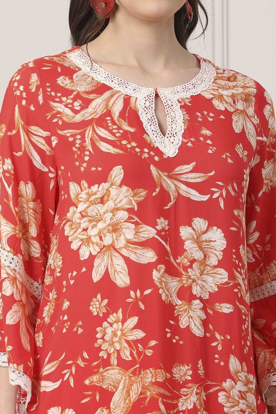 Coral Floral Lace Kurta Set — view 2