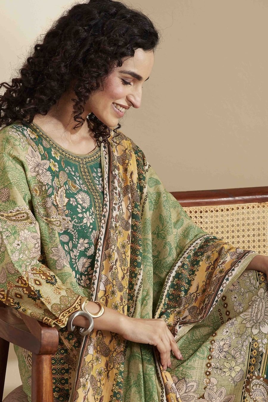 Olive Printed Suit Set with Dupatta — view 2