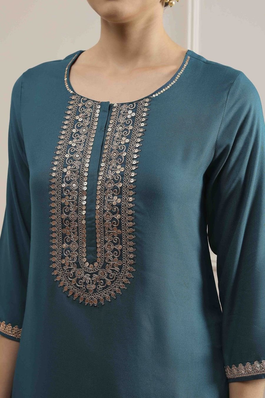 Teal Embroidered Straight Kurta — view 2