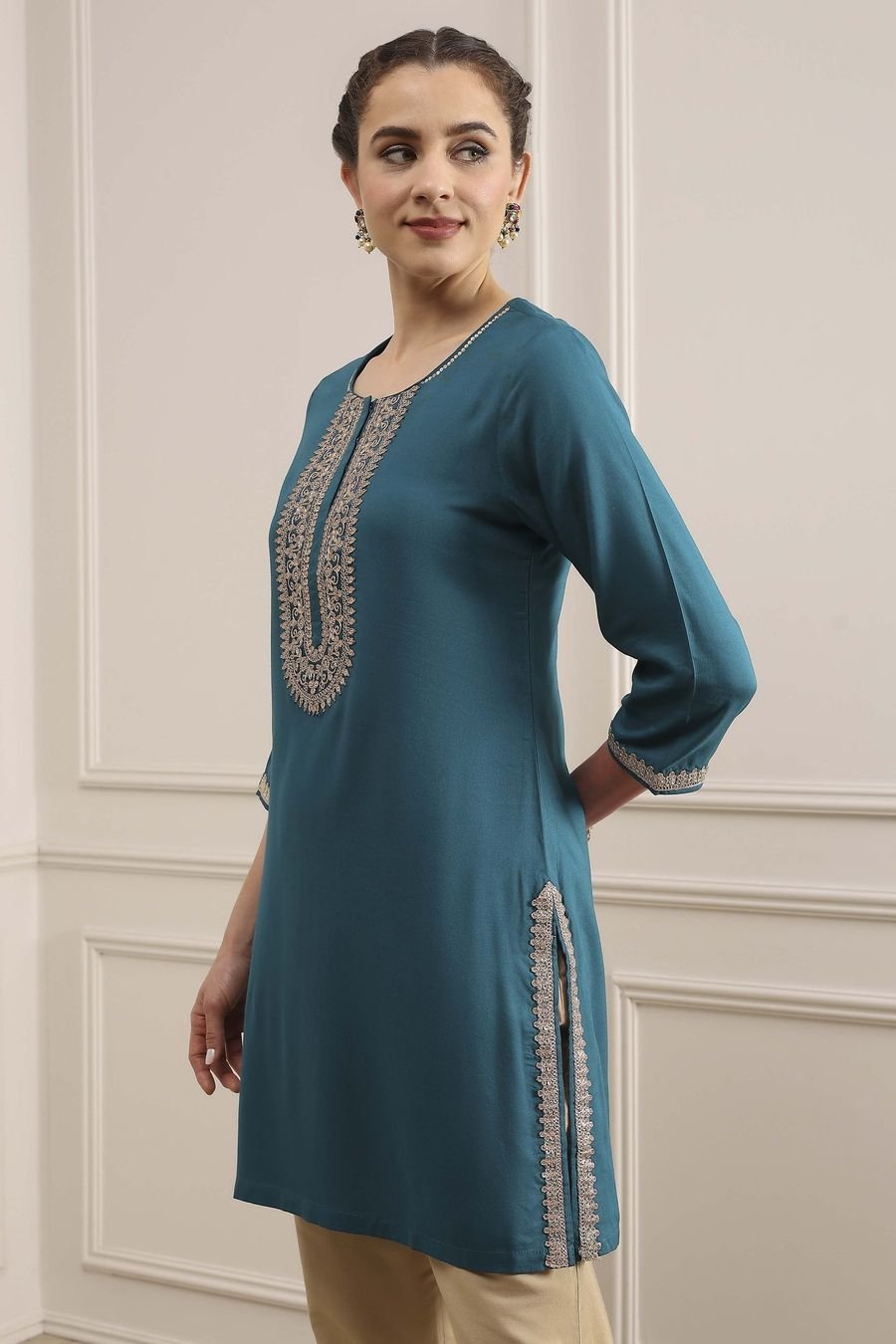 Teal Embroidered Straight Kurta — view 3