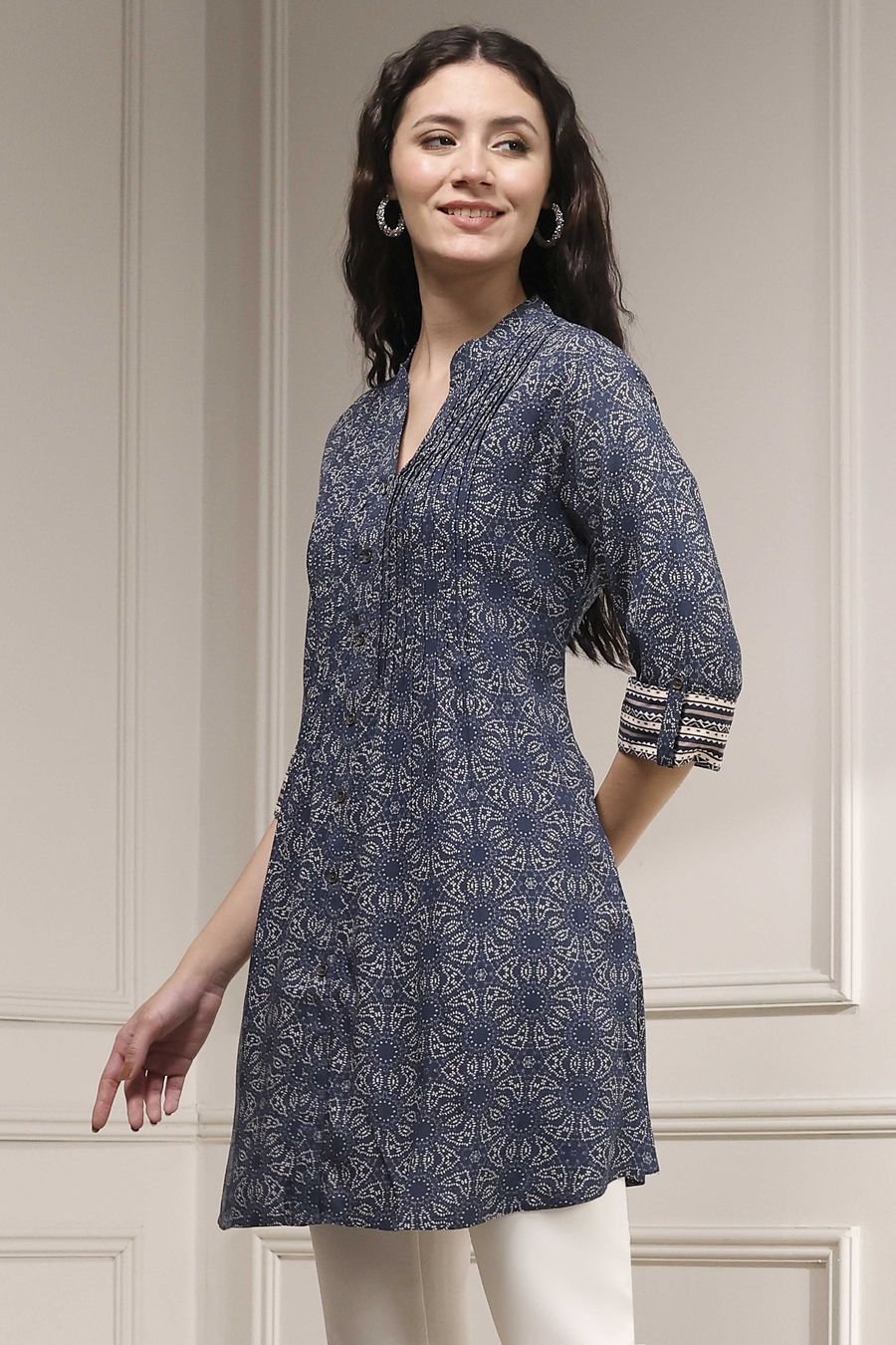 Indigo Floral Print Short Kurta — view 3