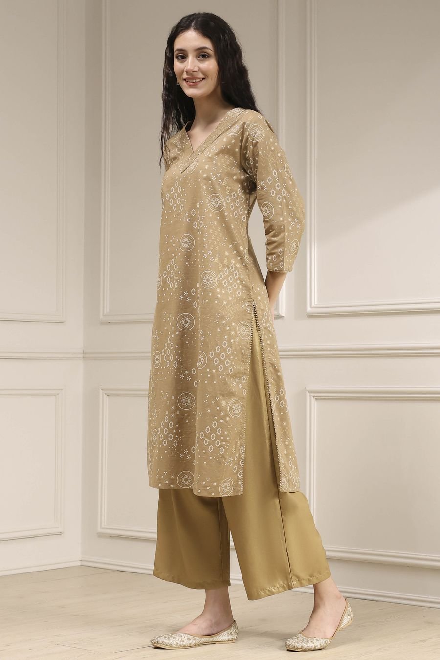 Beige Bandhani Print Kurta Set — view 3