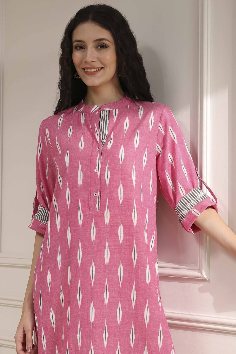Pink Ikat Print Straight Kurta — view 2