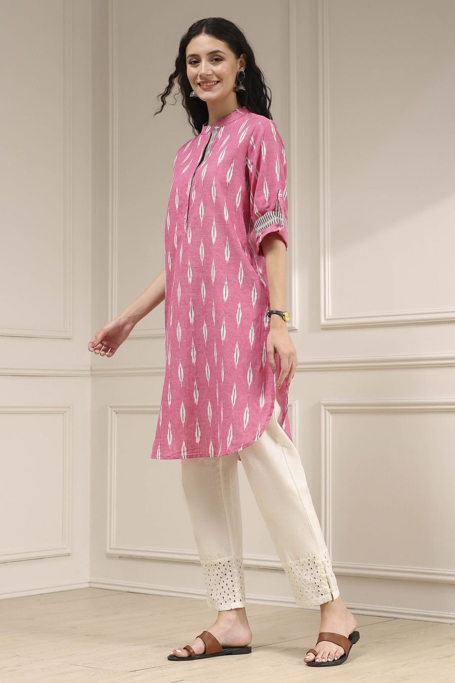 Pink Ikat Print Straight Kurta — view 3