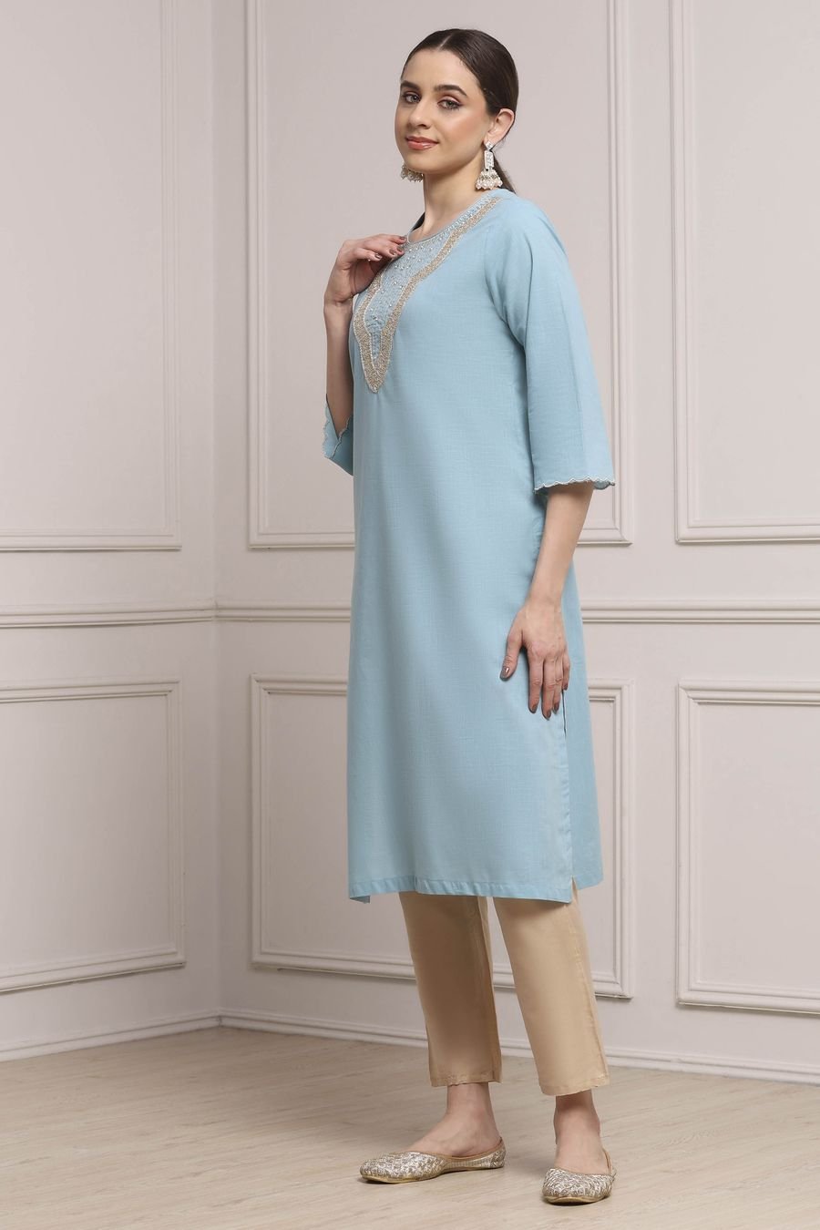 Powder Blue Embroidered Kurta — view 3
