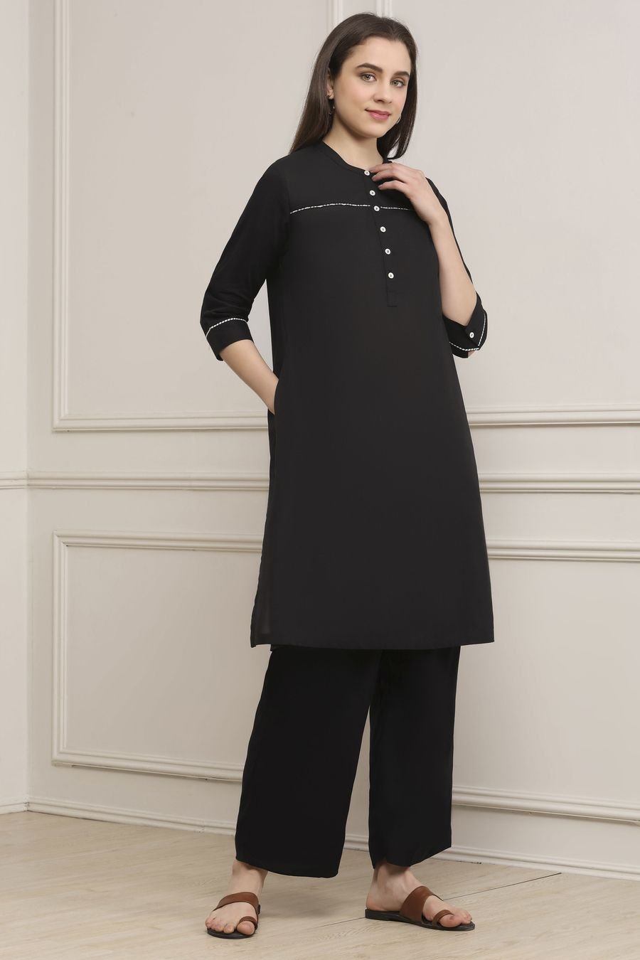 Jet Black Pintuck Kurta Set — view 1