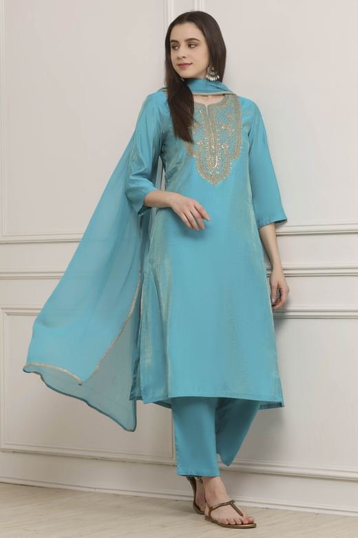Turquoise Zari Embroidered Suit Set