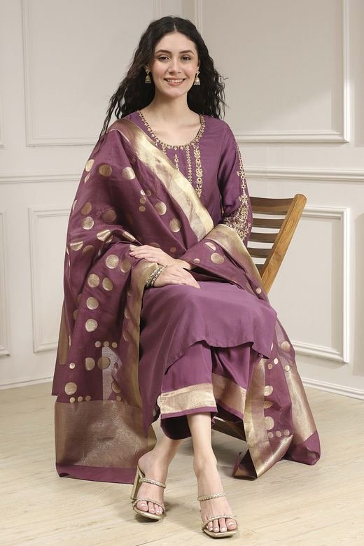 Plum Embroidered Suit Set with Woven Dupatta