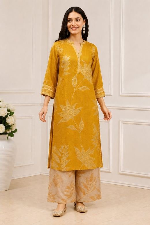 Mustard Leaf Print Straight Kurta Set