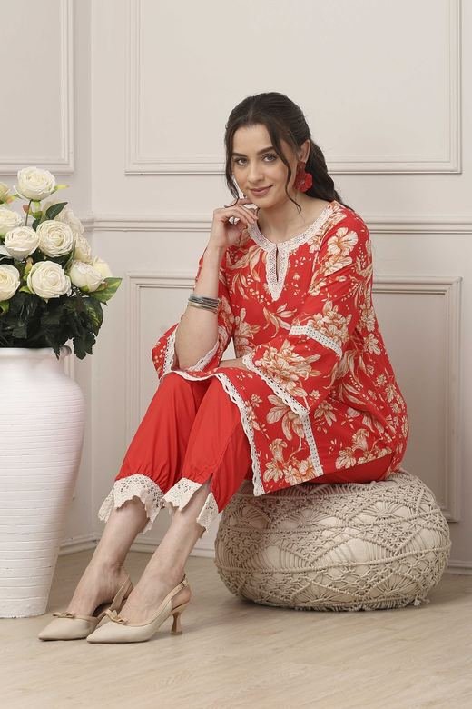 Coral Floral Lace Kurta Set