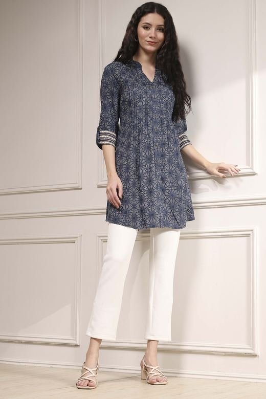 Indigo Floral Print Short Kurta